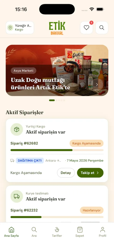 Uygulamanın ana sayfası: aktif siparişler ve kargo durumu