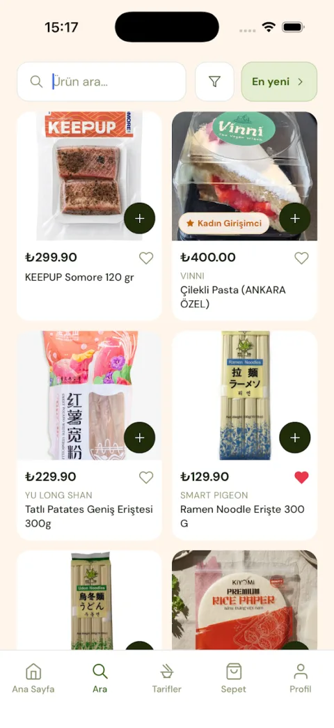 Uygulamada ürün arama ve filtreleme ekranı