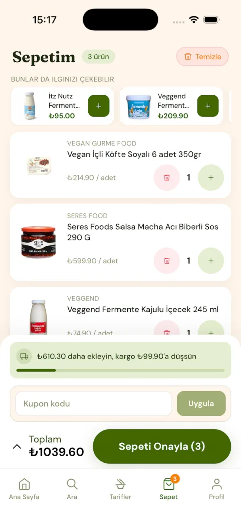 Uygulamada sepet ekranı: kupon kodu ve kargo eşiği