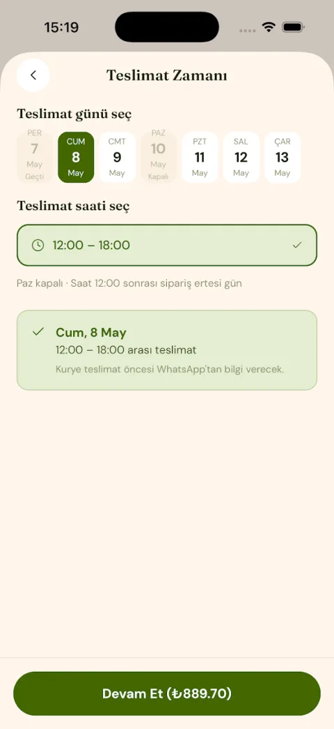 Uygulamada teslimat günü ve saati seçme ekranı