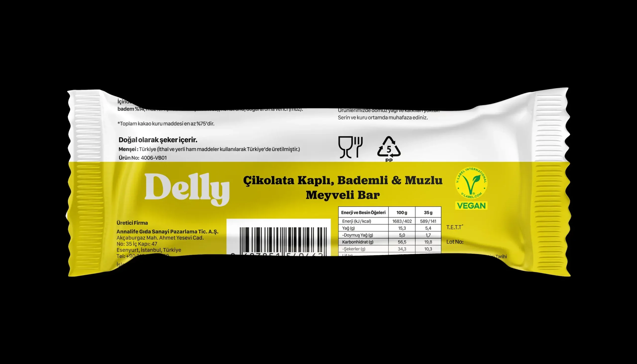 Delly Şekersiz Çikolata Kaplı, Bademli & Muzlu Bar 35g - Görsel 2