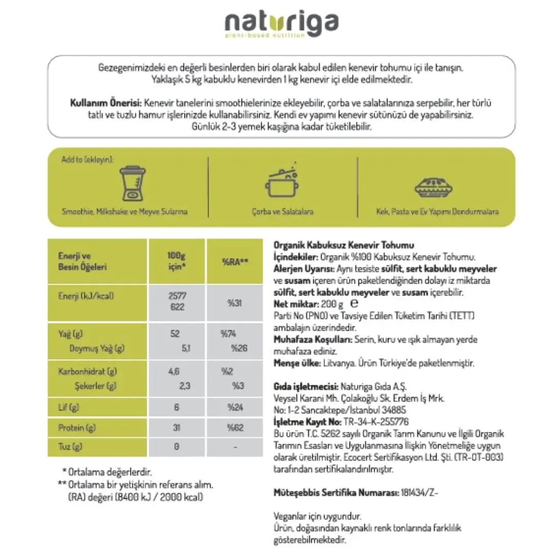 Naturiga Organik Kabuksuz Kenevir Tohumu 200 gr - Görsel 2